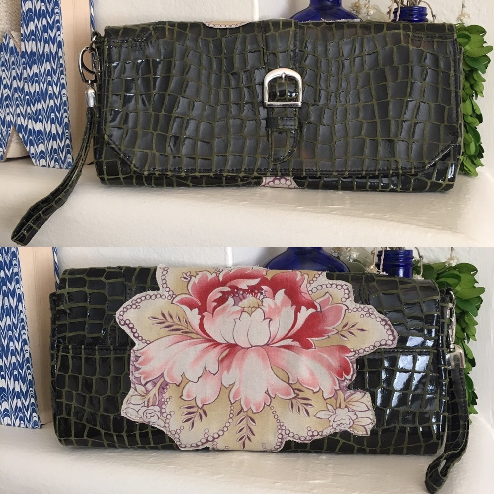 Olive Green Patent Reptile Pattern Suede wristlet